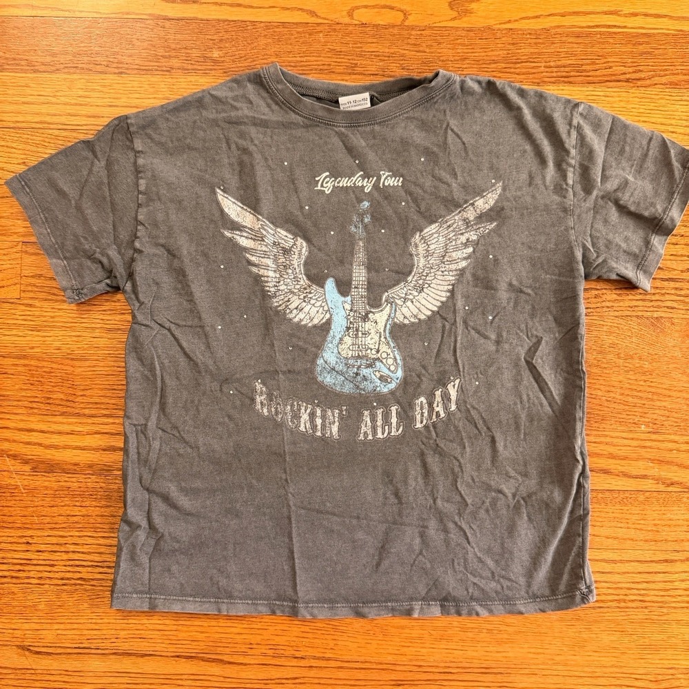 Zara Girls Rockin Guitar Distressed T-Shirt Size 11/12
